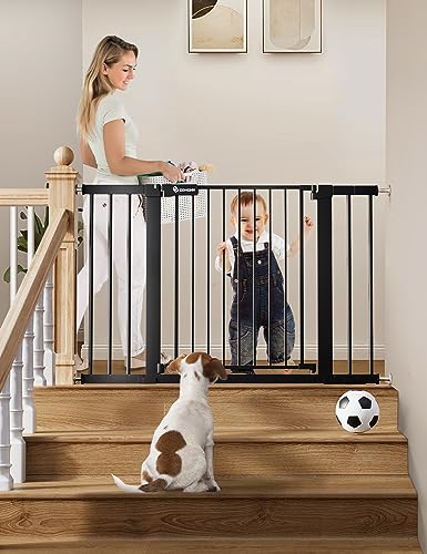 COMOMY 36" Extra Tall Baby Gate for Stairs Doorways, Fits Openings 29.5" to 48.8" Wide, Auto Close Extra Wide Dog Gate for House, Pressure Mounted Easy Walk Through Pet Gate with Door, Black