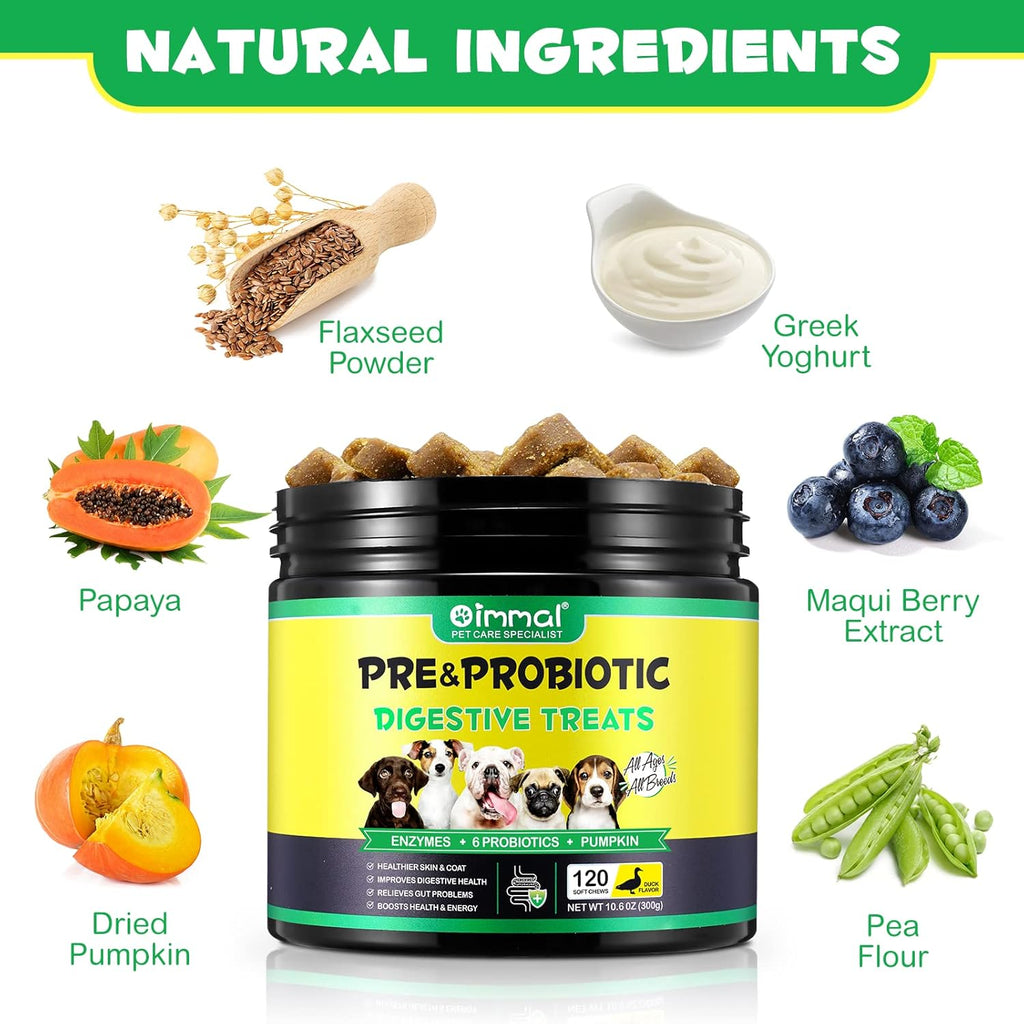 Probiotics for Dogs Digestive Enzymes & Gut Health, 120 Soft Chews, Duck Flavor A90169