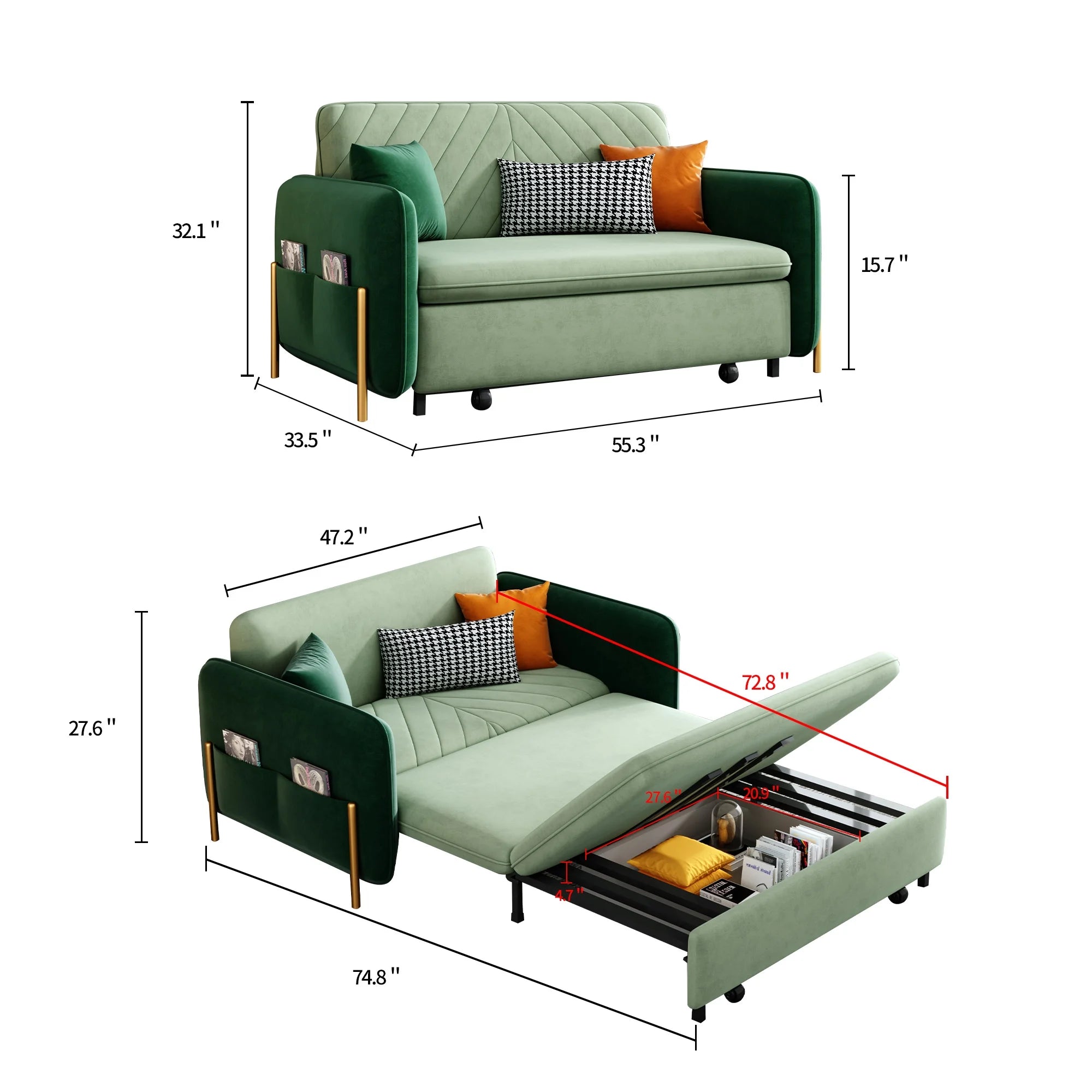 Green Velvet Convertible Sofa Bed Sleeper with Pullout Bed S663779