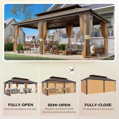 YOLENY 10' x 12' Hardtop Gazebo with Galvanized Steel Double Roof, Netting and Curtains Y84317