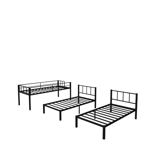 Heavy Duty Triple Bunk Bed Twin over Twin with Guardrails and Ladder, Black Y548246