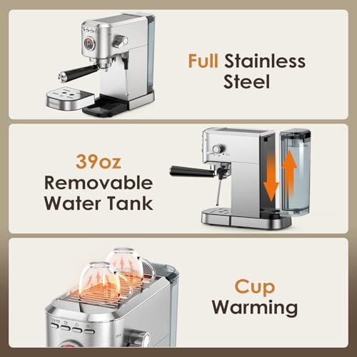 Spacekey Espresso Machine 20 Bar, Stainless Steel with Milk Frother T968