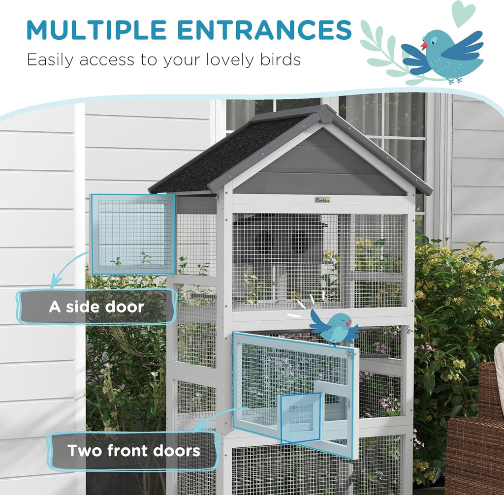 PawHut Wooden Bird Aviary Outdoor Cage with Slide-Out Tray, Gray E331667