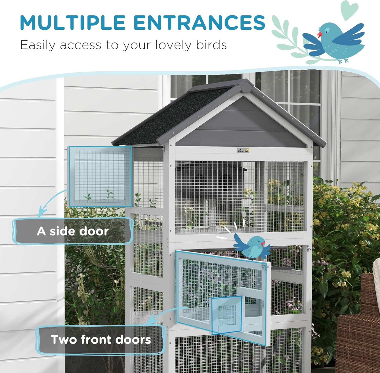 PawHut Wooden Bird Aviary Outdoor Cage with Slide-Out Tray, Gray E331667
