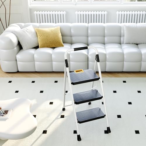 KINGRACK 3 Step Folding Ladder, 800lbs Capacity, Non-Skid Wide Pedals, White W71585