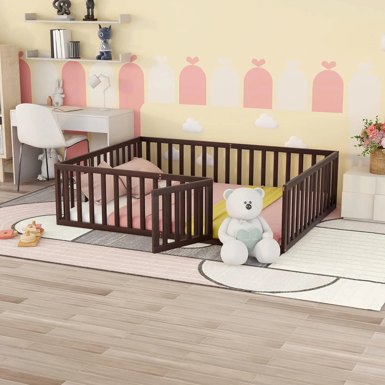 Queen Floor Bed With Fence For Kids, Montessori Floor Bed, Wood Platform Bed Frame Cabin Bed For Girls Boys, Walnut
