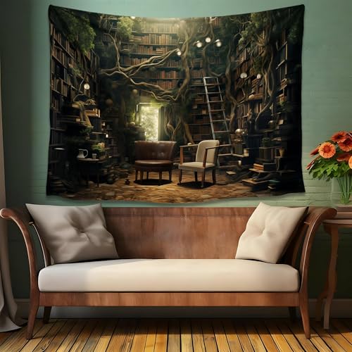 QGHOT Medieval Bookshelf Tapestry Vintage Library Wall Hanging P36533