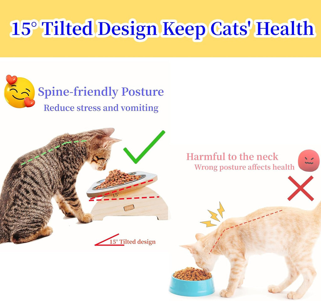 Elevated Cat Bowls with Wood Stand, 15° Tilted Stainless Steel Pet Feeder E85787