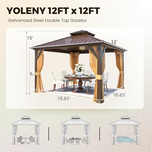 YOLENY 10' x 12' Hardtop Gazebo with Galvanized Steel Double Roof, Netting and Curtains Y84317