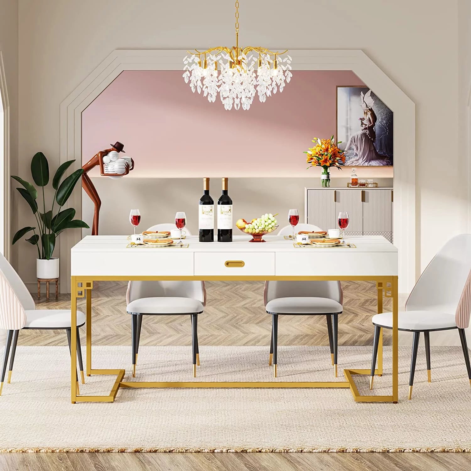 RUNFAYBIU 63 Inch Rectangular Dining Table with 2 Drawers, White & Gold I877577