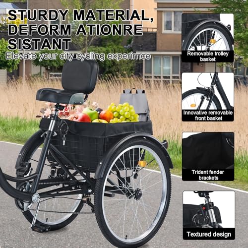 Upgraded Adult Tricycle, 7 Speed, 26 Inch with Front & Rear Baskets X482206