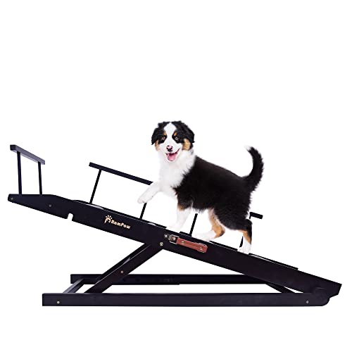 Adjustable Pet Ramp for All Dogs and Cats, 48" Long with Safety Side Rails - for Couch or Bed with Paw Non Slip Traction Mat & Steps, Adjustable Height - Sturdy, Dog Training Manual (Black)