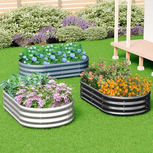zizin 2 Pack Galvanized Raised Garden Bed Oval Outdoor Planter Box (6x3x1FT, Silver) J203