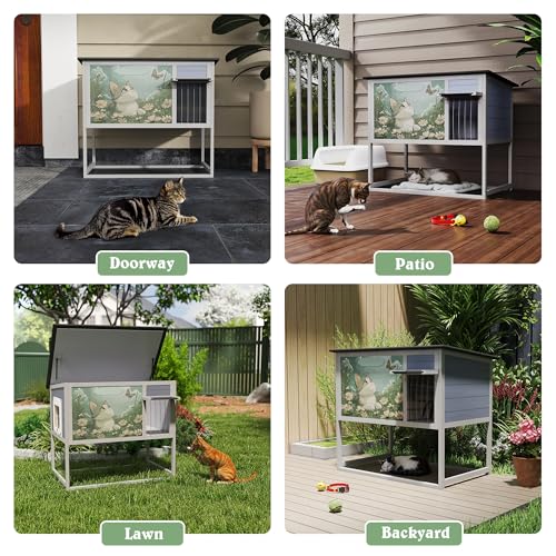 Raised Outdoor Cat House Weatherproof Insulated Shelter with Openable Top E5308