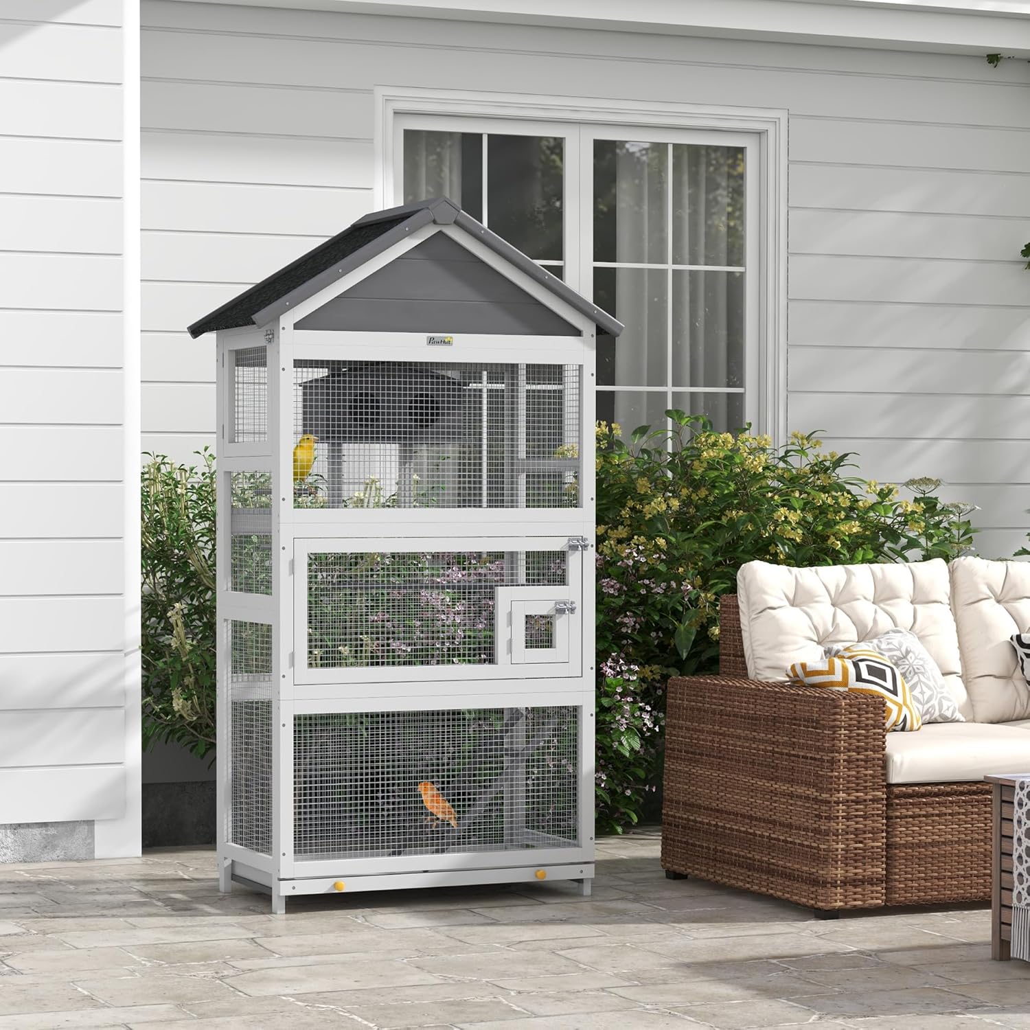 PawHut Wooden Bird Aviary Outdoor Cage with Slide-Out Tray, Gray E331667