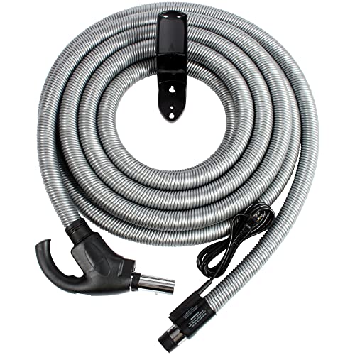 Cen-Tec Systems 30 Ft. Central Vacuum Universal Connect Electric Hose with Recessed Handle and Hanger, Silver (97173)