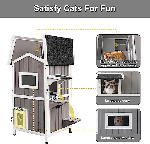 Outdoor Cat Shelter Weatherproof Two Story Wooden Feral Cat House with Openable Roof V6308