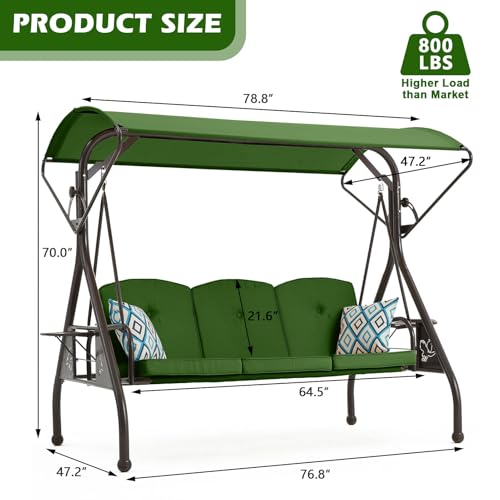 800LBS Patio Swing with Canopy 3 Seat Outdoor Porch Swing with Stand, Cup Holder & Pillow (Green) O887