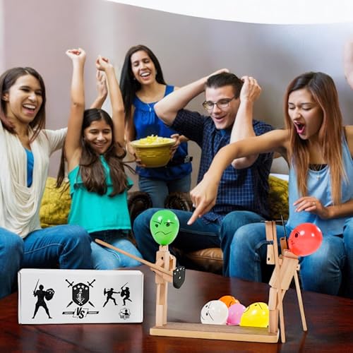 Handmade Wooden Fencing Puppets Toys, Whack A Balloon Strategy Board Game with 200 Balloons O404