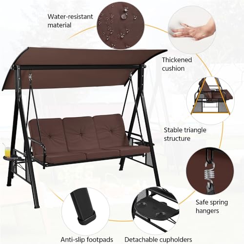 Yaheetech 3-Seat Outdoor Patio Swing with Adjustable Sunshade, Dark Brown B498326