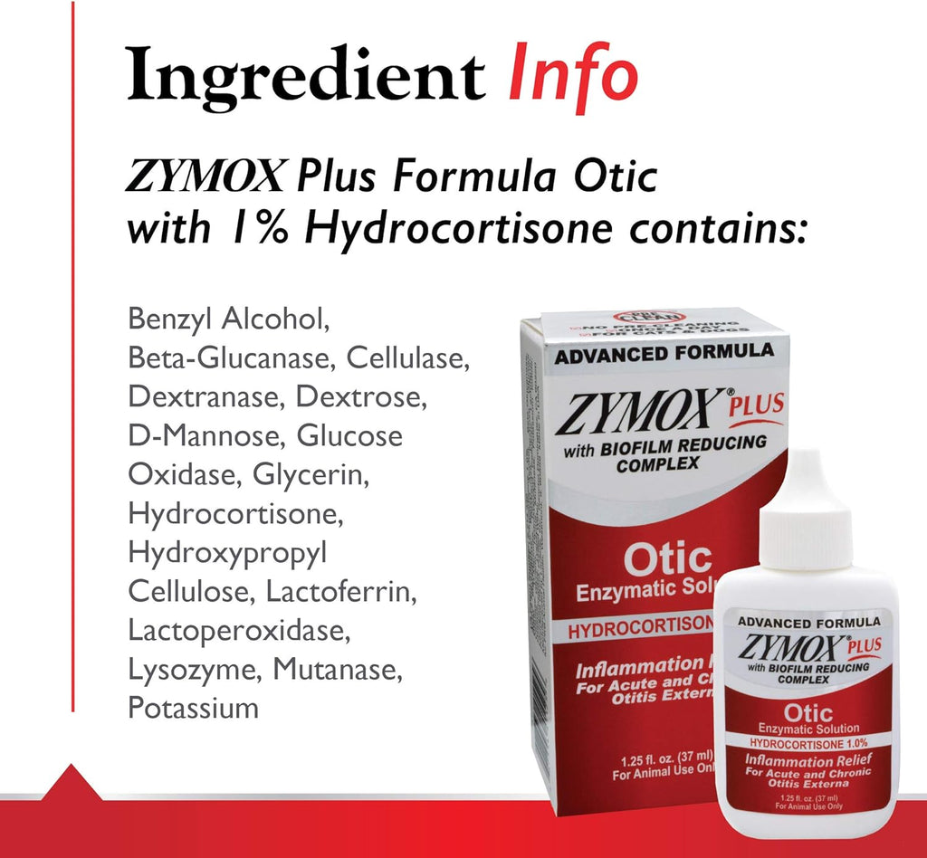 Zymox Advanced Formula Otic Plus Enzymatic Ear Solution with 1% Hydrocortisone for Dogs and Cats, 1.25oz X140336