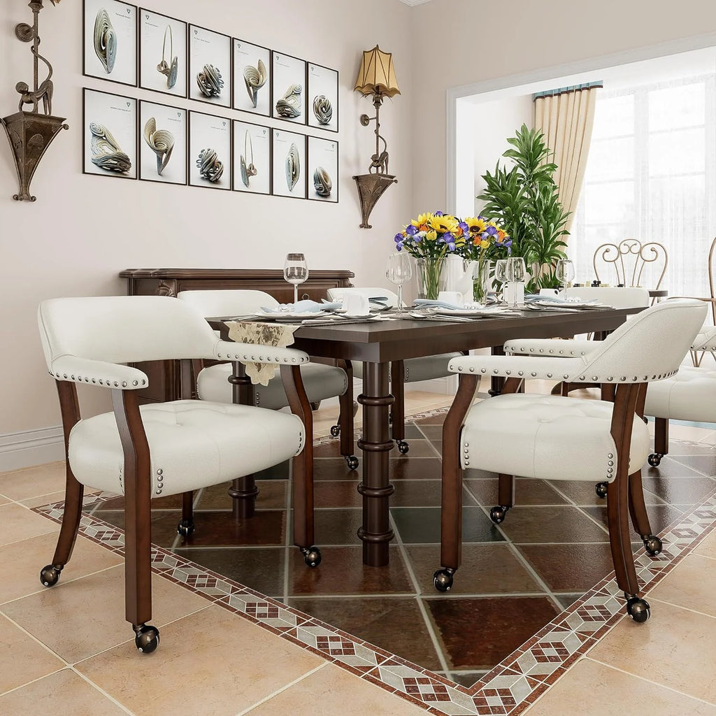 Solid Wood Dining Chairs with Casters and Arms, Cherry Legs & Ivory PU, SY-1533-WT I6969