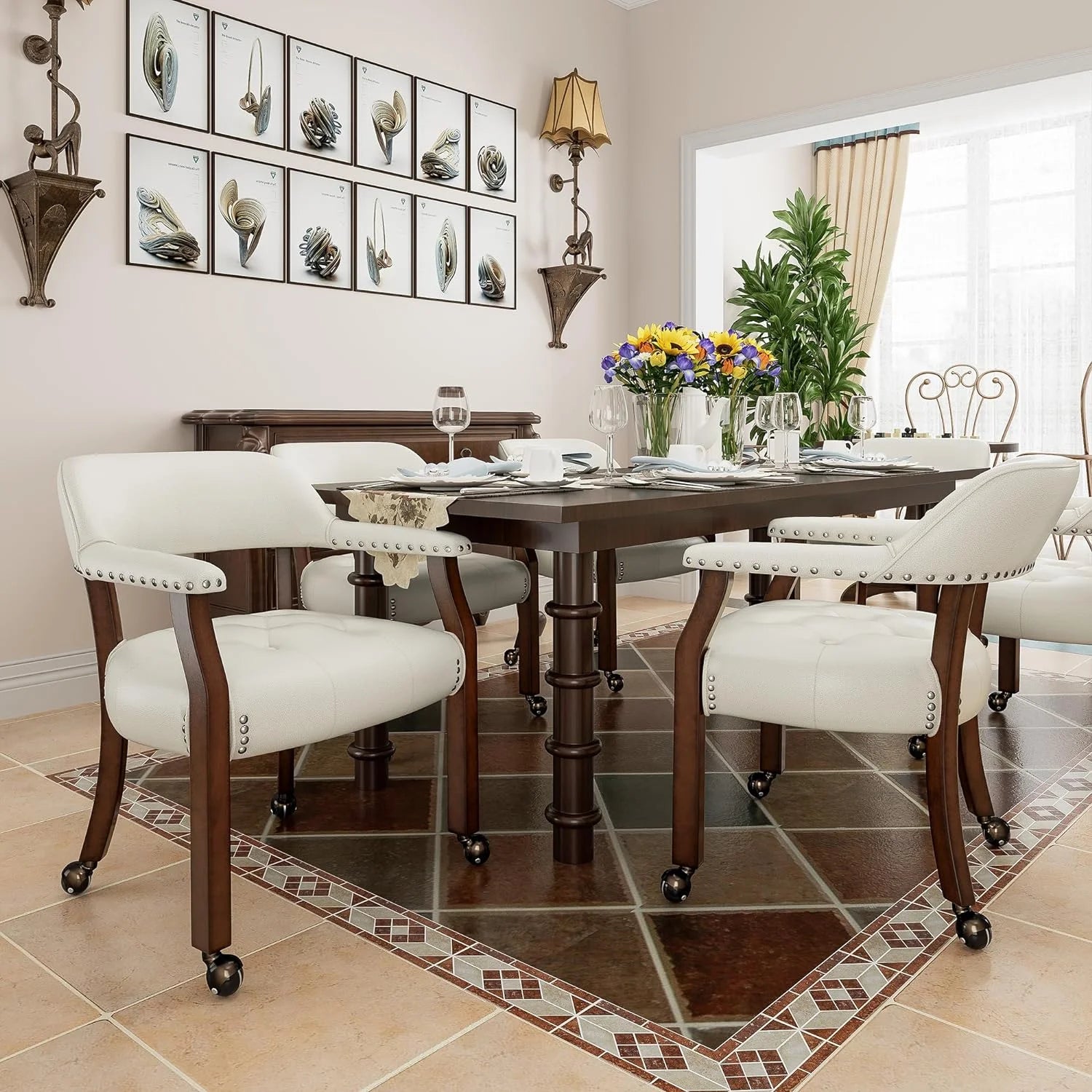 Solid Wood Dining Chairs with Casters and Arms, Cherry Legs & Ivory PU, SY-1533-WT I6969