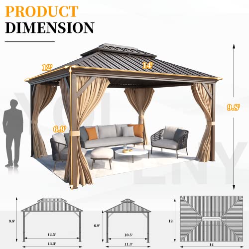YOLENY 10' x 12' Hardtop Gazebo with Galvanized Steel Double Roof, Netting and Curtains Y84317