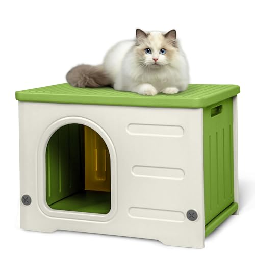 Plastic Cat House for Outdoor Indoor Use, Stackable Feral Cat Shelter Indoor Cat House Insulated Weatherproof Waterproof -Green