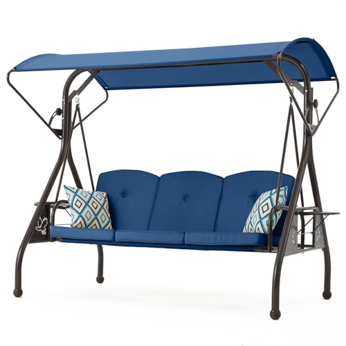 800LBS Patio Swing with Canopy 3 Seat Outdoor Porch Swing with Stand, Cup Holder & Pillow (Green) O887