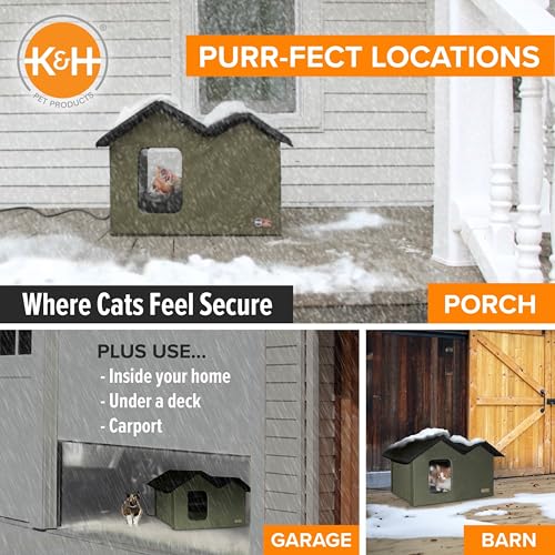 K&H Pet Products Extra-Wide Heated Outdoor Cat House, Weatherproof Insulated Shelter, 2 Doors, Olive G573