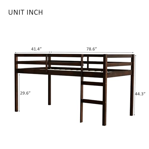 Twin Size Low Loft Bed with Ladder and Safety Guardrail, Solid Wood, White D5235