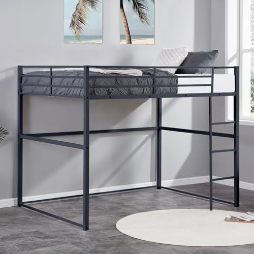 Metal Loft Bed Frame Twin Size with Safety Guard Rails & Built-in Ladder, Black C7852