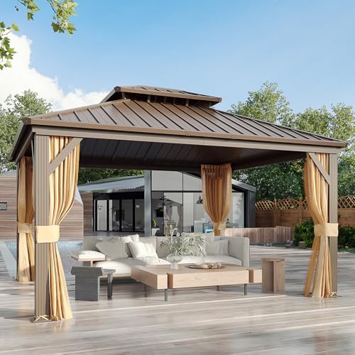 YOLENY 10' x 12' Hardtop Gazebo with Galvanized Steel Double Roof, Netting and Curtains Y84317