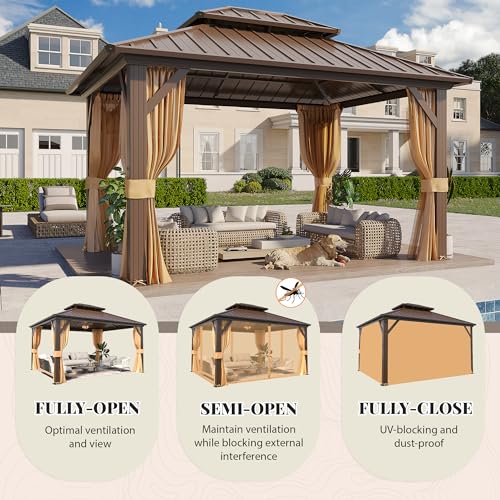 YOLENY 10' x 12' Hardtop Gazebo with Galvanized Steel Double Roof, Netting and Curtains Y84317