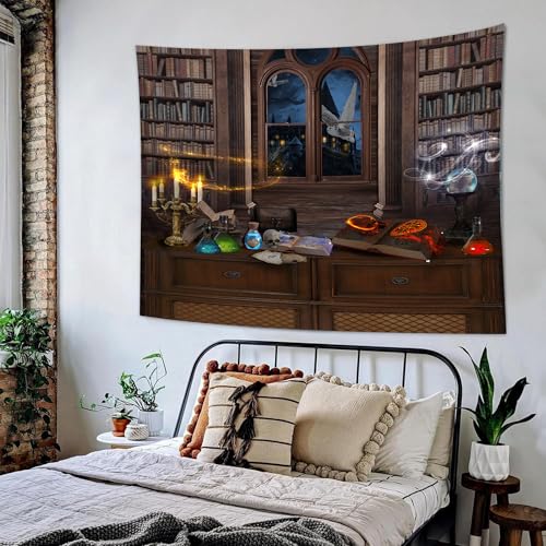 QGHOT Medieval Bookshelf Tapestry Vintage Library Wall Hanging P36533