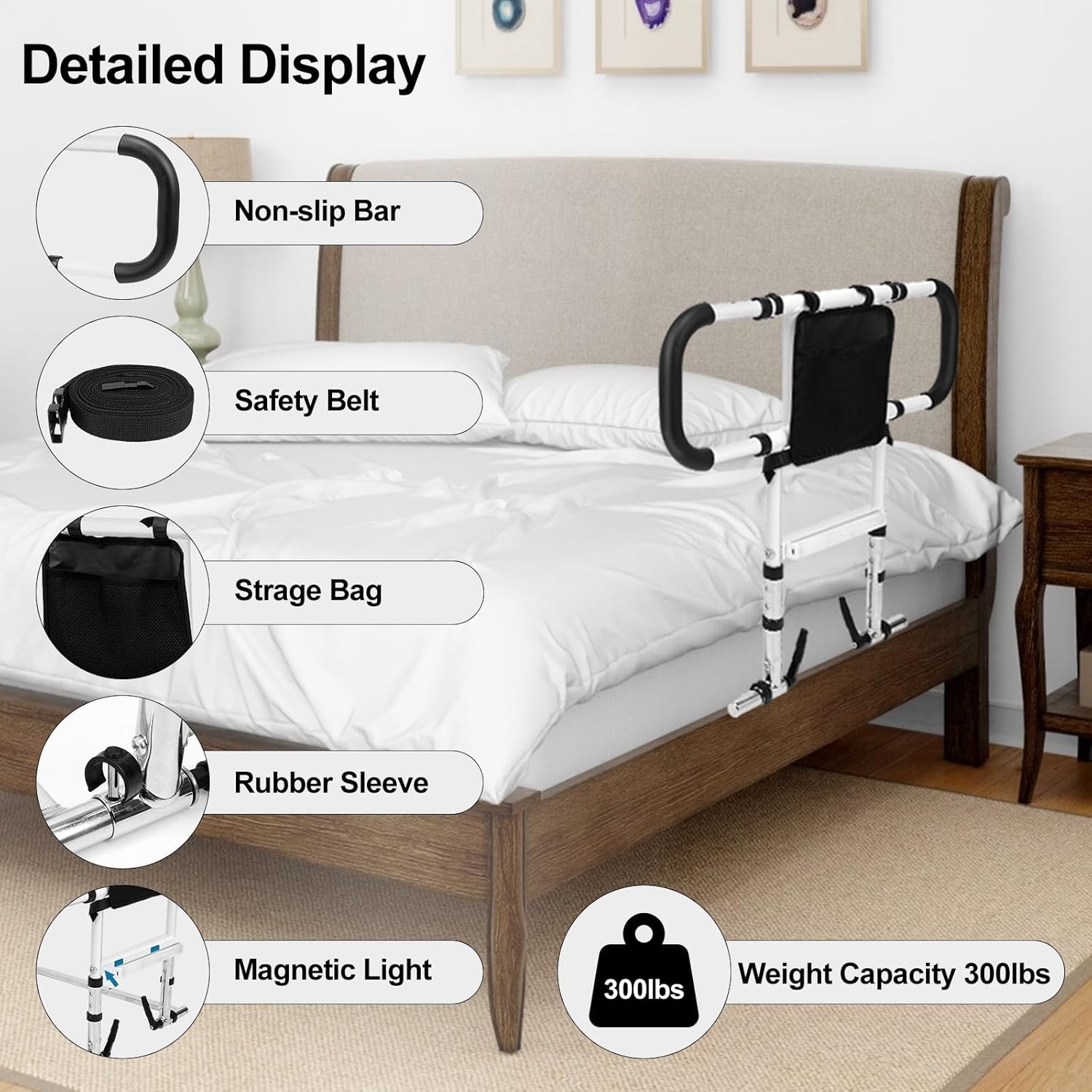 Hotodeal Bed Rail for Elderly Adults Safety with Adjustable Height & Motion Light U167