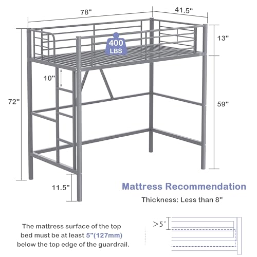 VECELO Loft Bed Twin Size Metal Frame with Ladder and Guardrail, Pink B728246