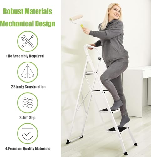 Soctone 2 Step Folding Ladder with Anti-Slip Pedal and Handrails, White V202