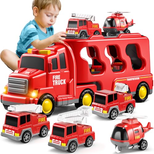 TEMI Construction Truck Toys for Toddlers 3-5, 7-in-1 Friction Power Vehicle Car Set O436