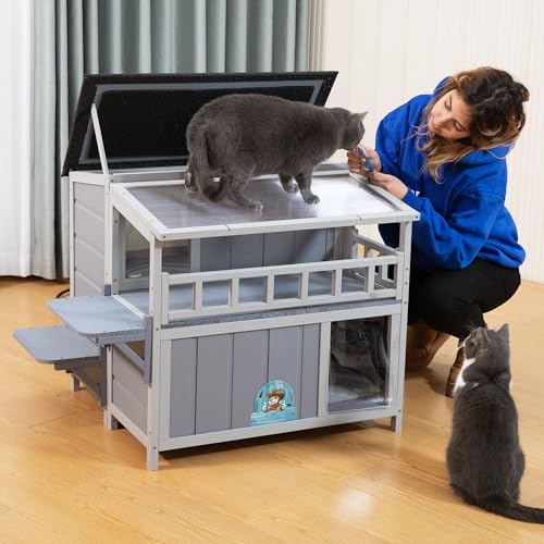 Outdoor Cat House 2-Tier Wood Shelter with Sunlight Roof, Gray J986