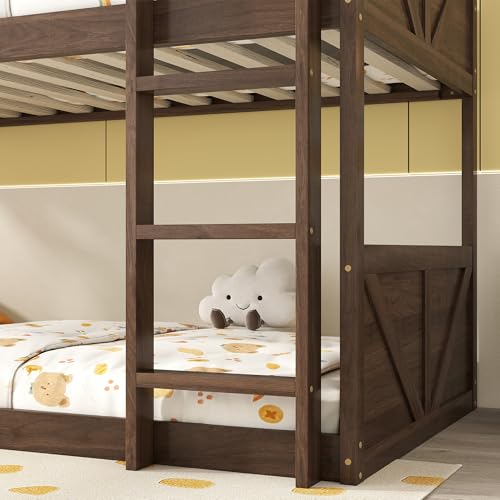 Twin Over Twin Wood Bunk Bed with Ladder and Guardrails for Kids P604