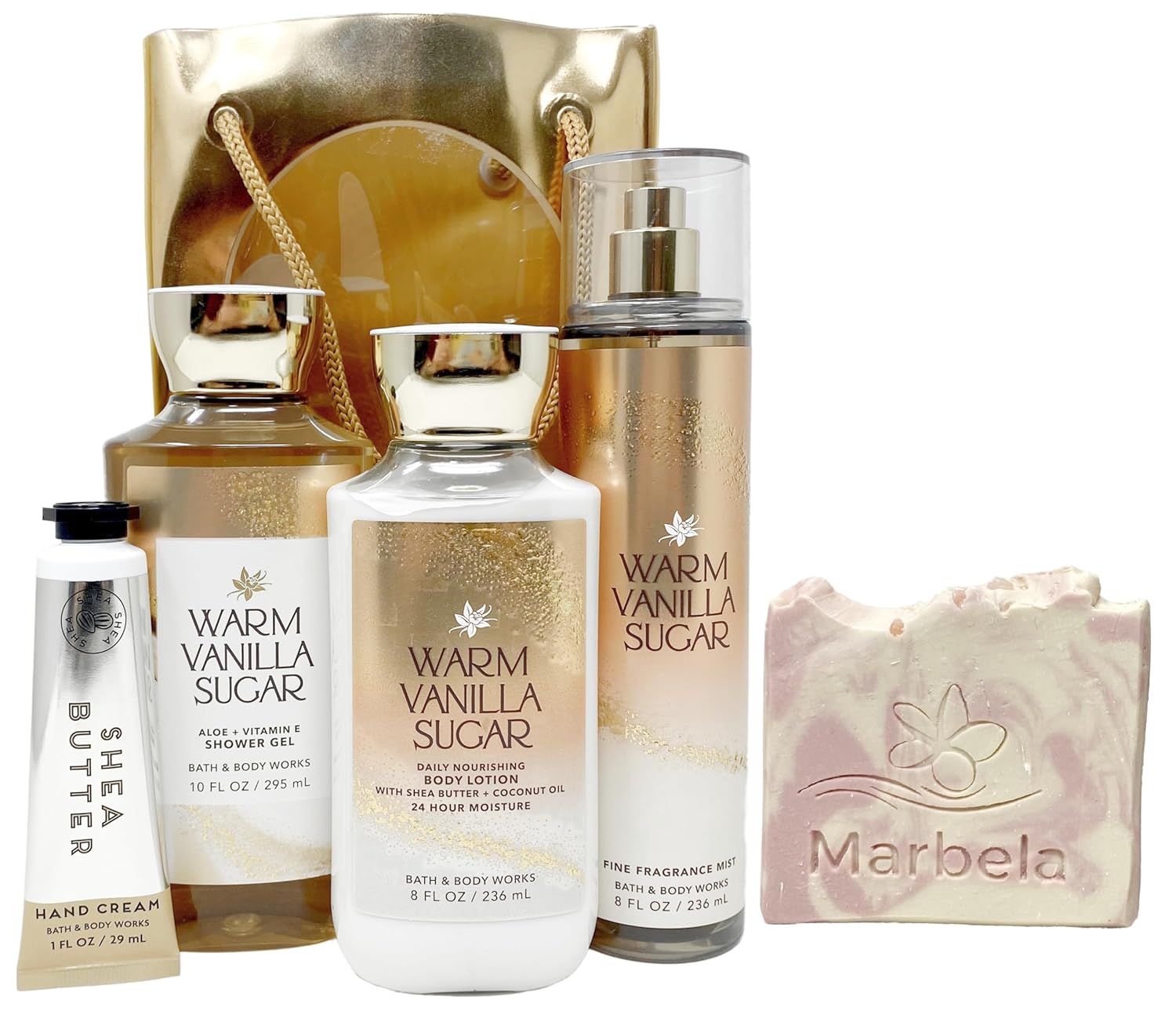 Bath & Body Works Warm Vanilla Sugar Gift Bag Set - Fine Fragrance Mist, Daily Nourising Body Lotion, Shower Gel and Hand Cream with a Himalayan Salts Springs Sample Soap