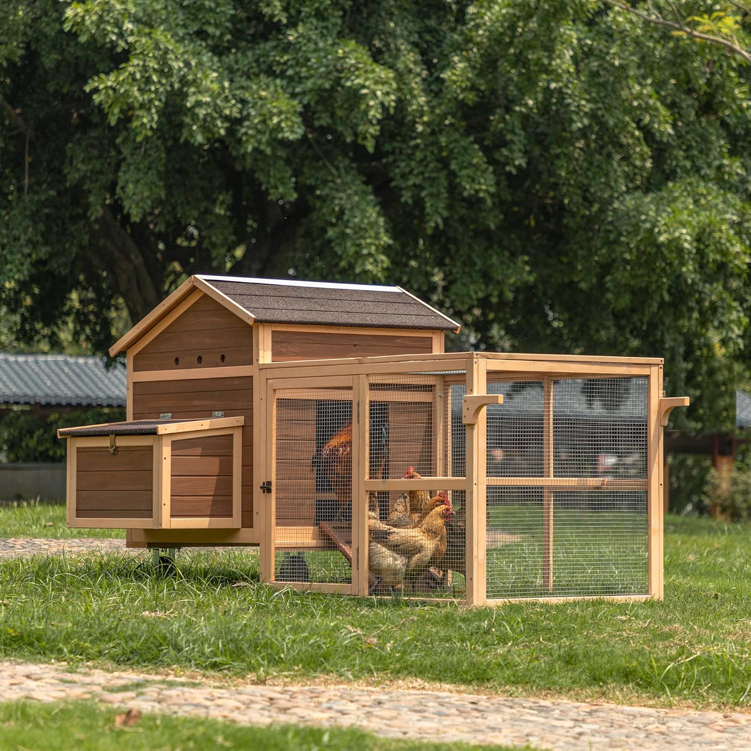 PETSFIT Large Chicken Coop Tractor 81" Hen House for 4-8 Chickens with Nesting Box and Wheels R30358