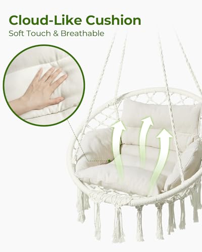 Greenstell Hammock Chair, Macrame Swing Chair with Cushion, Indoor & Outdoor, Beige G7957
