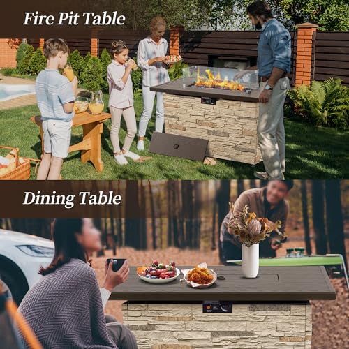 43" Propane Fire Pit Table Outdoor Rectangular Stone with Glass Wind Guard O259531