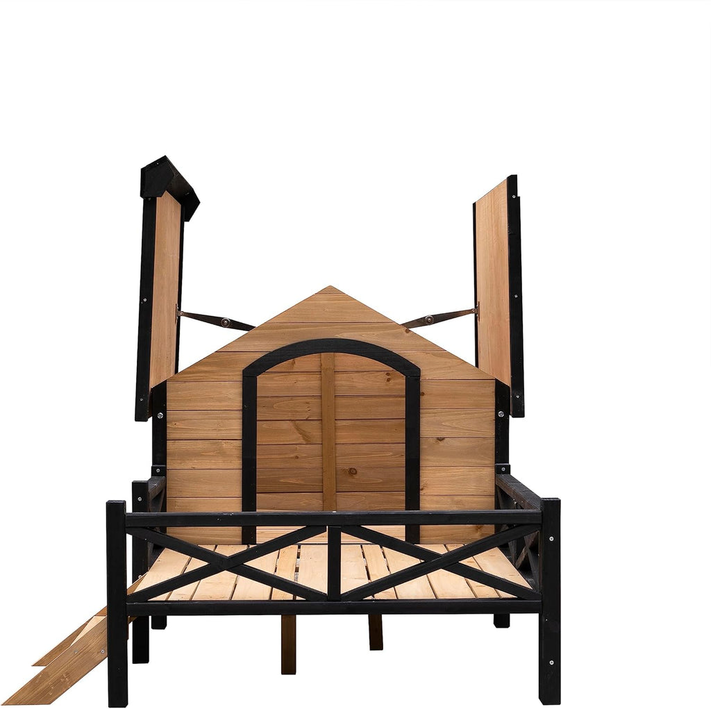 Rustic Wooden Dog Kennel with Porch, Outdoor Cabin Style, Kiln-Dried Fir Wood E59517