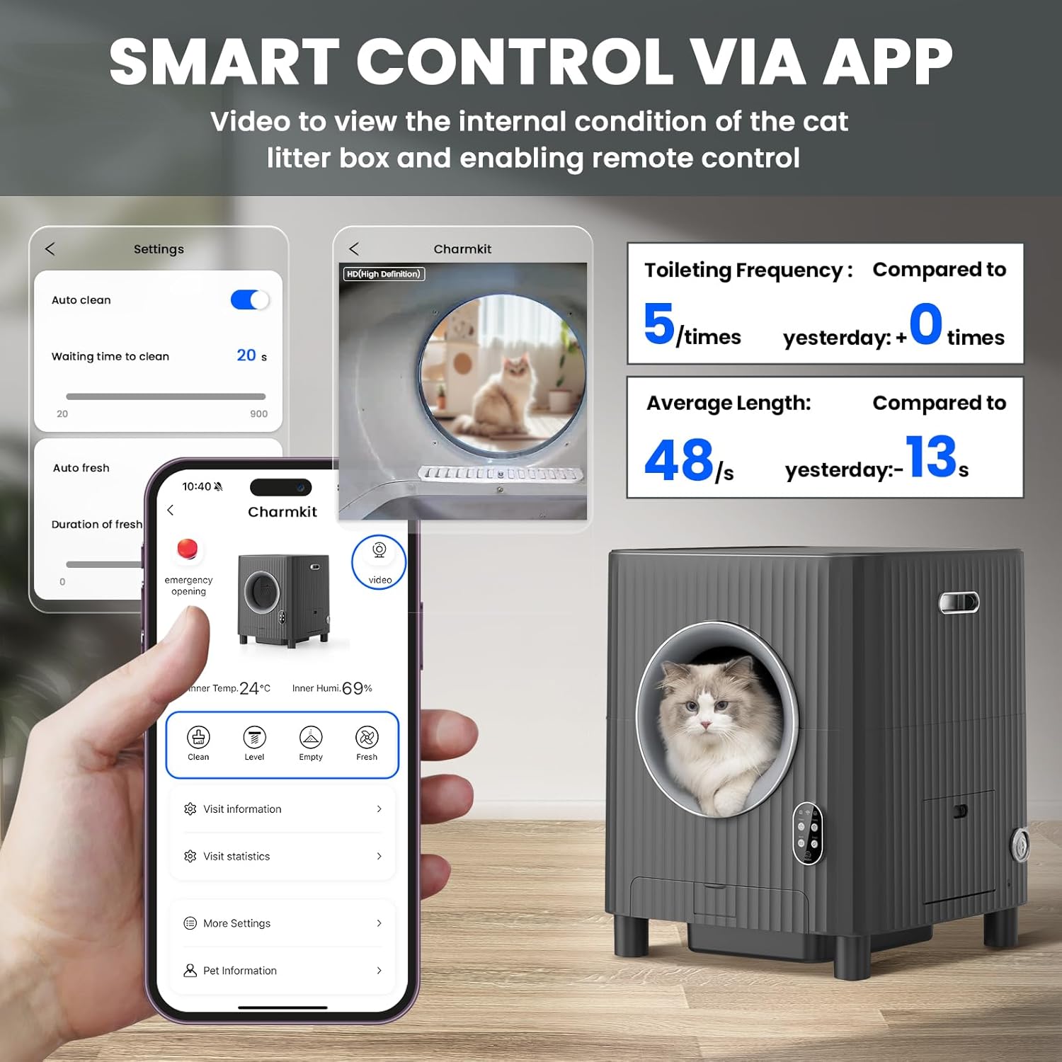 Charmkit Self Cleaning Cat Litter Box with APP Control, Black X403548