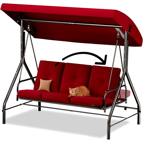 Burgundy 3-Seat Porch Swing with Canopy and Cushions O874281