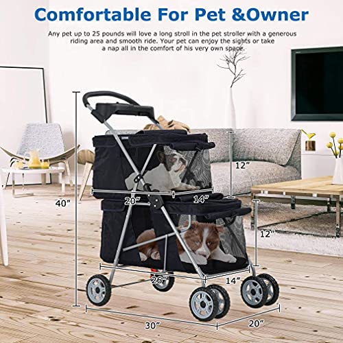 Pets Double Pet Stroller 4 Wheel Folding Dog Cat Travel Carrier, Pink P620297